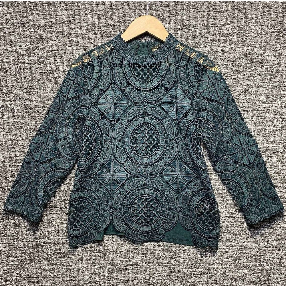 James Coviello Blouse Womens S Green Lace Whimsical Anthropologie Lush Hatters